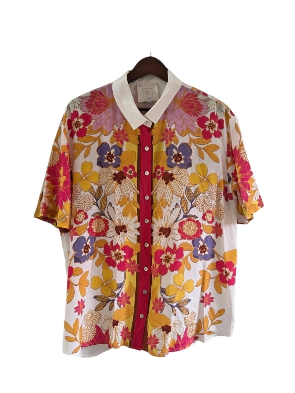 Johnny Was Penny Floral Button Down Short Sleeve Silk Shirt Top Size L